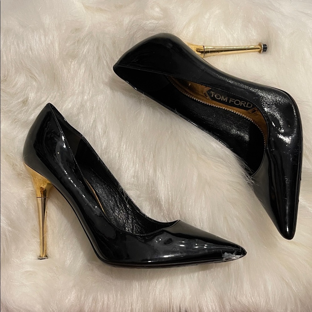 Tom Ford Glossy Black Heels with Gold Stiletto